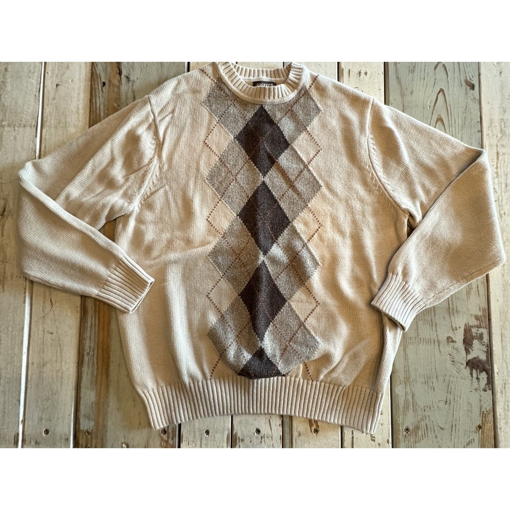 Dockers Crew Neck Sweater Argyle Design Lightweight Beige Men's Size Large